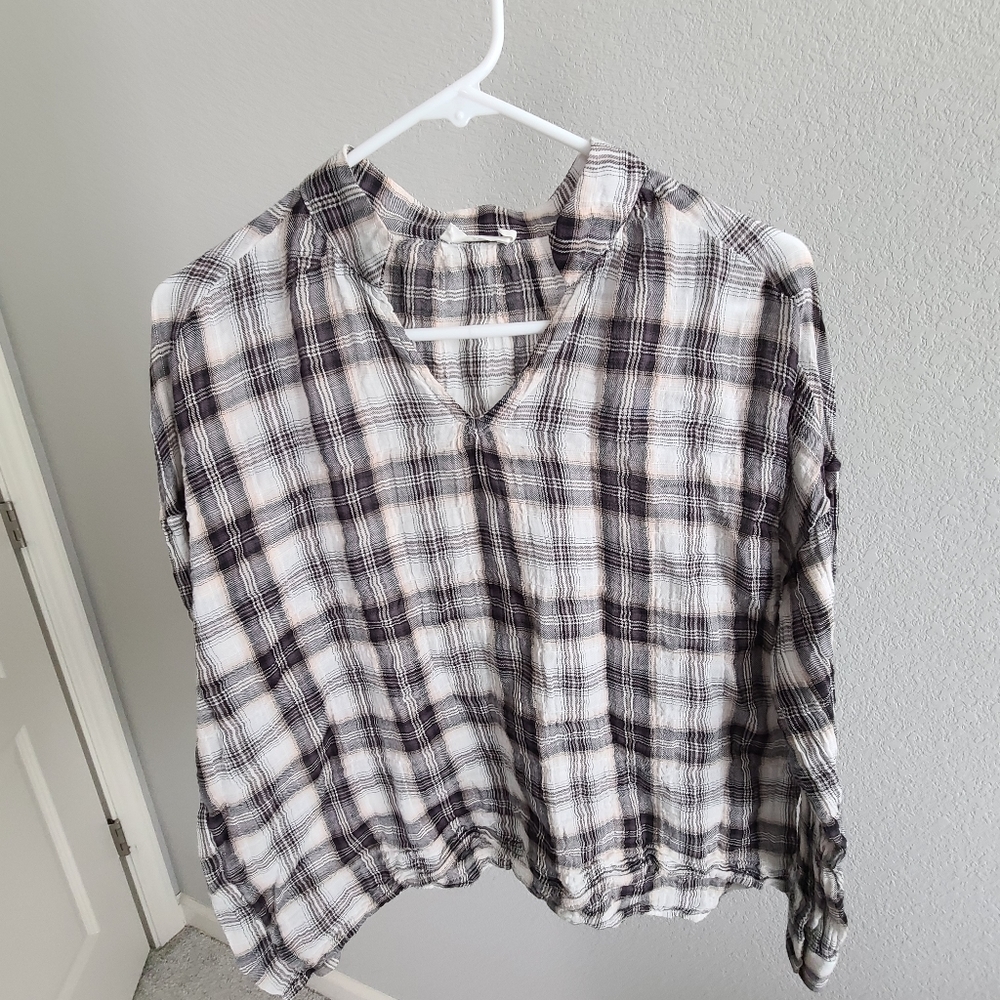 Lush Dolman Long Cuff Sleeves Plaid Stand Collar V-neck Top - Picture 4 of 5